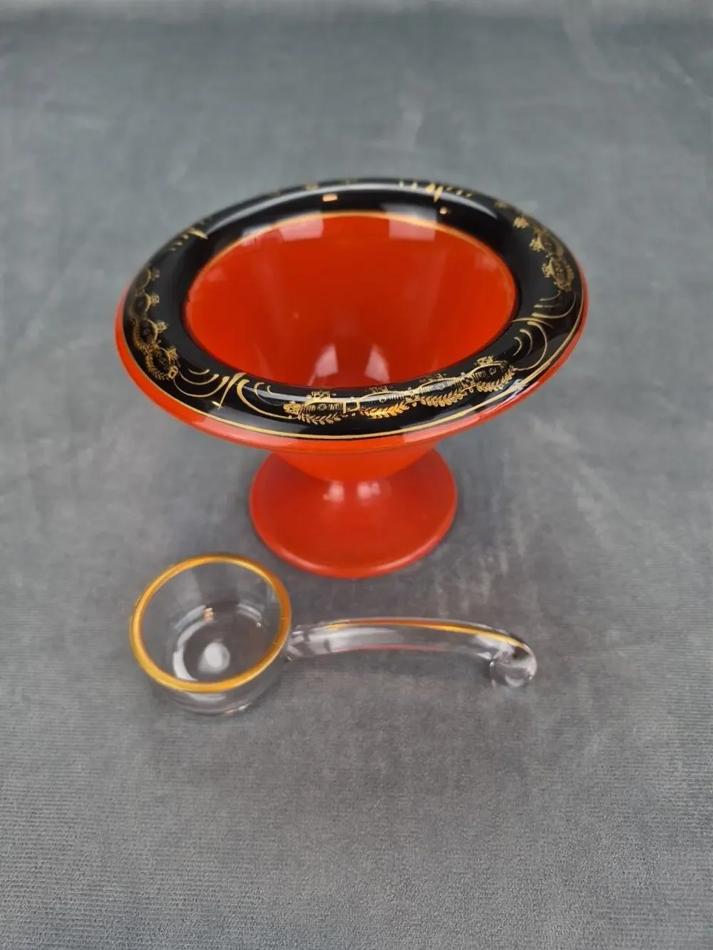 Vintage Art Deco MCM Orange Black Gold Pedestal Round Candy Dish Compote Spoon